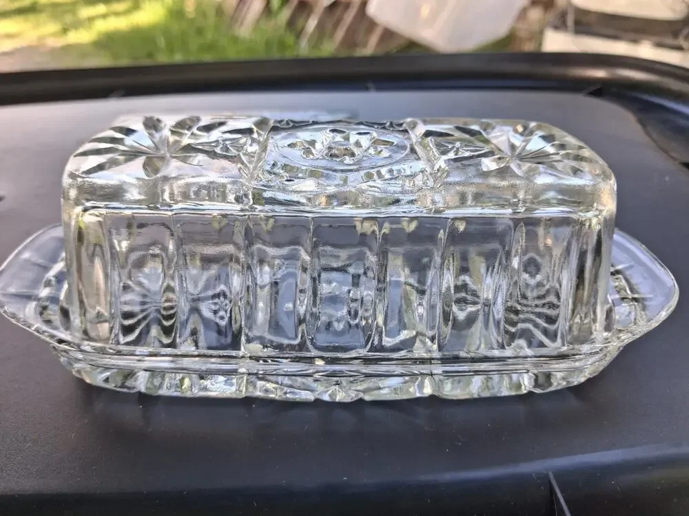 Anchor Hocking Star Of David American Prescut Glass Covered Butter Dish